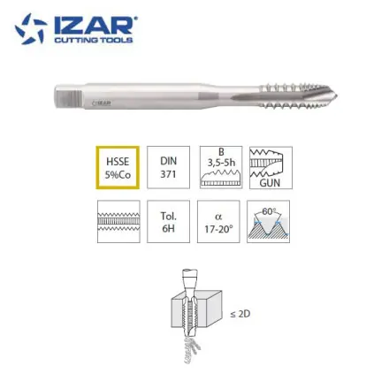 Taraud droit machine Izar HSSE5%co pour aluminium, acier de M3 à M10