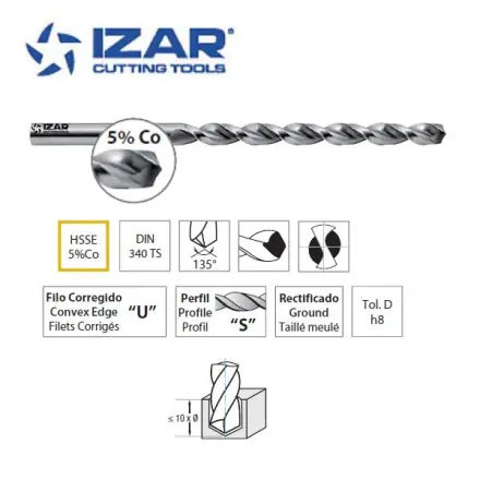 Foret Izar HSSE 5%Co serie longue tolérance IT8-9 de 2 à 13 mm
