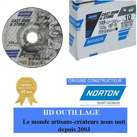 10 disques d‘ébarbage à moyeu déporté forme 27 Norton 125x6.5x22.23mm pour pierre