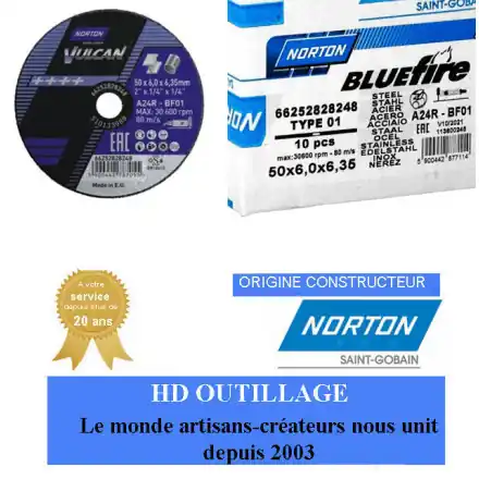 10 disques d‘ébarbage Meule plate forme 01 Norton BLUE FIRE 50x6x6.35mm