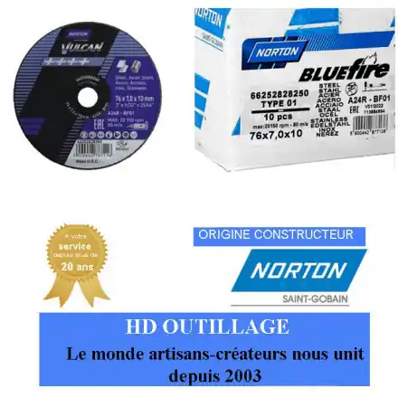 10 disques d‘ébarbage Meule plate forme 01 Norton BLUE FIRE 76x7x10mm