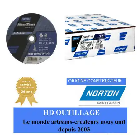 25 disques ultra mince Norton NORZON QUICK CUT 230x1.9x22.23mm pour acier et inox