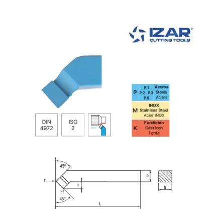 outil de tour à décolleter Izar P-20 plaquette soudée à 45° - 20x20x125 mm