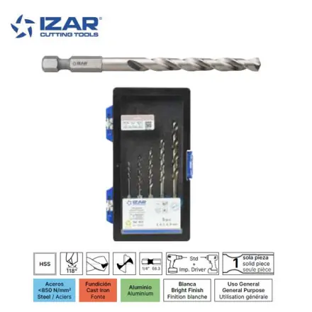 coffret 5 forets HSS Izar à queue hexagonale E6.3