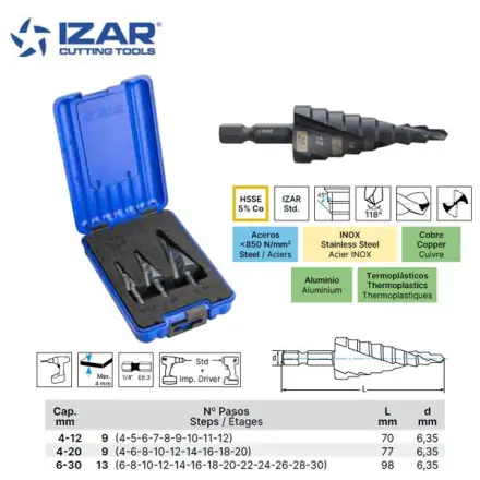 coffret de 3 forets étagés spirale HSSE 5%Co Izar queue hexagonale E6.3
