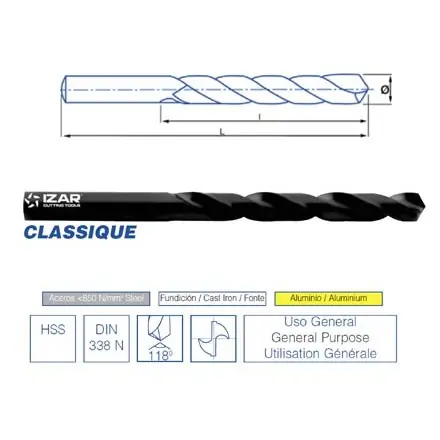 Lot de 5 foret HSS metal DIN338N D. 3.85mm Izar - série courte