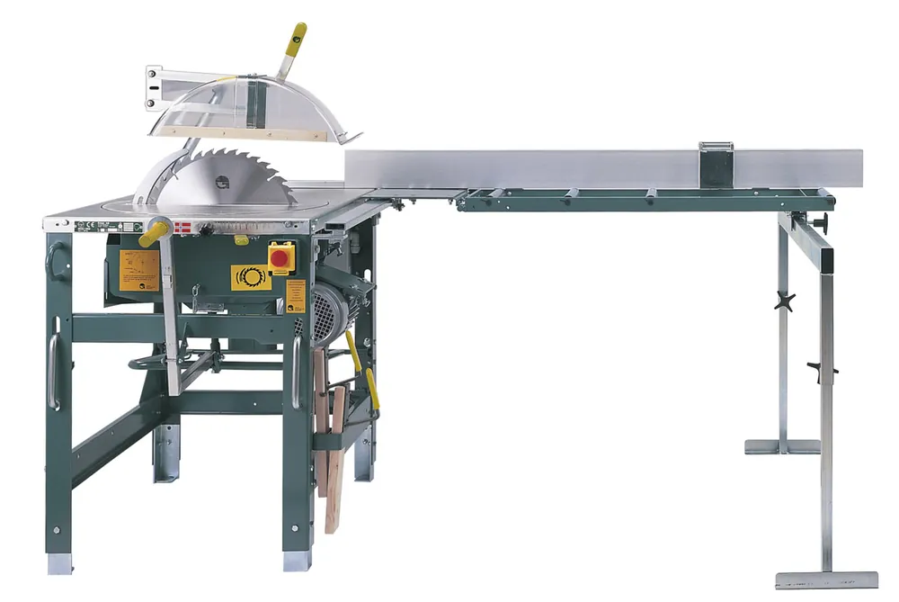 Gjerde 90043 1603-NO Scie de construction 3,6 kW 400 Volt + 2ème point d‘alimentation + table d‘alimentation 2000 mm avec arrêt et butée + frein mécanique