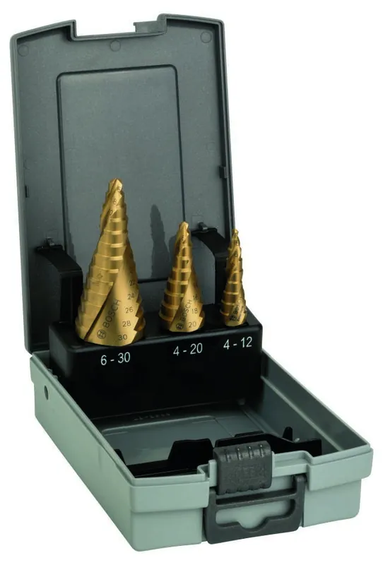 Bosch Bleu Accessoires 2608587432 Jeu de forets étagés en 3 pièces HSS-TiN à queue cannelée en 3 pièces