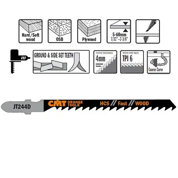 CMT JT244D-5 Scies sauteuses HCS - Tige en forme de T - Bois 5 pièces