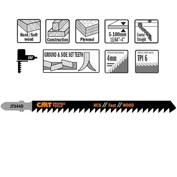 CMT JT344D-5 Scies sauteuses HCS - Tige en forme de T - Bois épais, doux 5 pièces