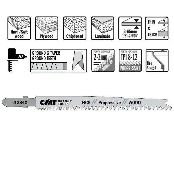 CMT JT234X-5 Scies sauteuses HCS - Tige en forme de T - Bois 5 pièces