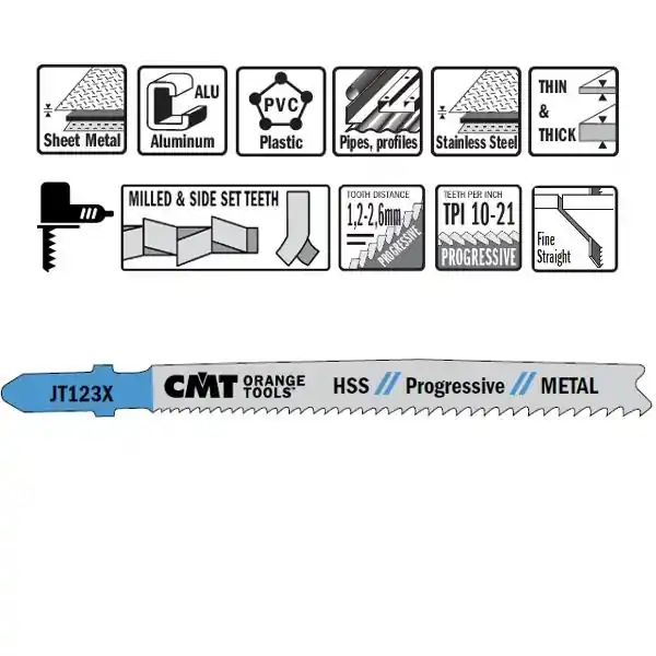 CMT JT123X-5 Scies sauteuses HSS Progressive - Tige en forme de T - Métal 5 pièces