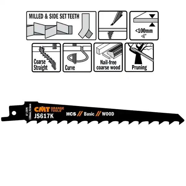 CMT JS617K-5 Lames de scie alternatives 5 pièces HCS 150mm x 1, 25 x 3DPI du bois grossier sans clous, l‘élagage des arbres, pour couper des pièces courbes