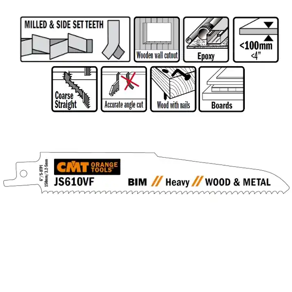 CMT JS610VF-5 Lames de scie alternatives 5 pièces bi-métal 150mm x 1, 6 x 3.2-5DPI bois avec clous, métal, panneaux de particules, plastique renforcé de fibres, époxy, travaux de démolition.