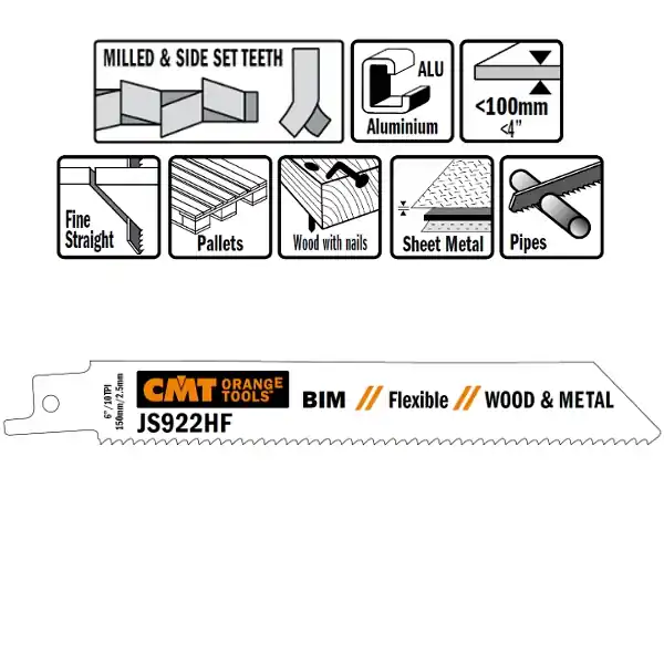 CMT JS922HF-5 Lames de scie alternatives 5 pièces bi-métal 150mm x 0, 9 x 10DPI réparation de palettes, bois avec clous, métal, tôles, tuyaux, profilés en aluminium