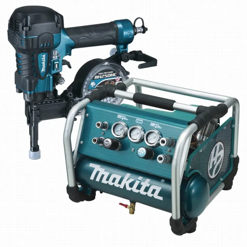 Makita DK1146 Ensemble de 2 machines AN250HC Cloueur Haute-Pression 22 bar + AC310H Compresseur + Dévidoir + Chariot