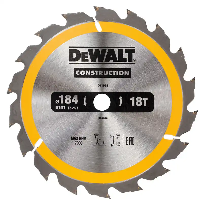 DeWalt Accessoires DT1938-QZ Lame de scie circulaire 184 x 16 mm 18T ATB 20°.