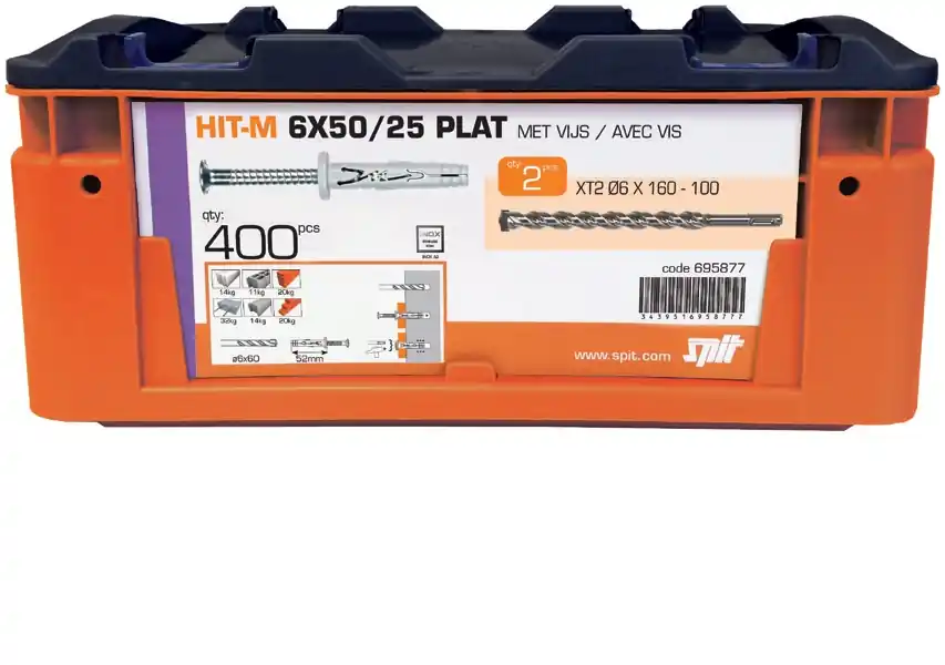 Spit Fixations 695878 Bouchon marteau avec collier HIT-M 6 x 65 /40P 400 pcs + 2 x XT2 sds plus mèche 6x160-100