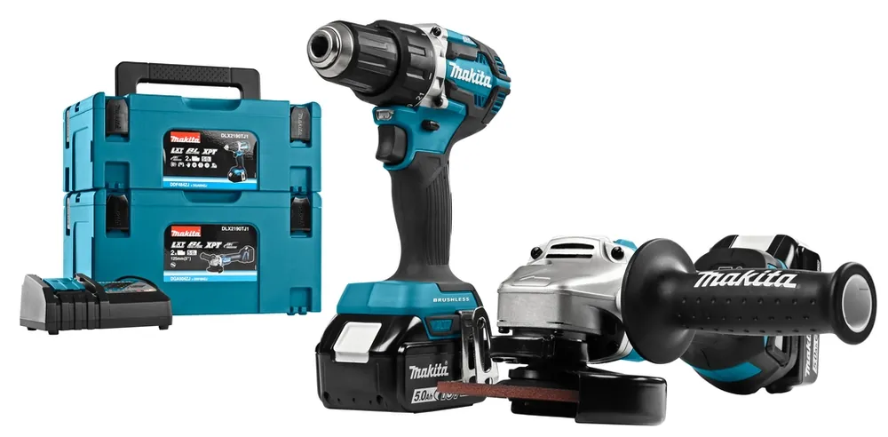 Makita DLX2190TJ1 Kit combiné 18 V 5,0 Ah Li-Ion - Perceuse sans fil DDF484 + Meuleuse sans fil DGA504 dans une MBox