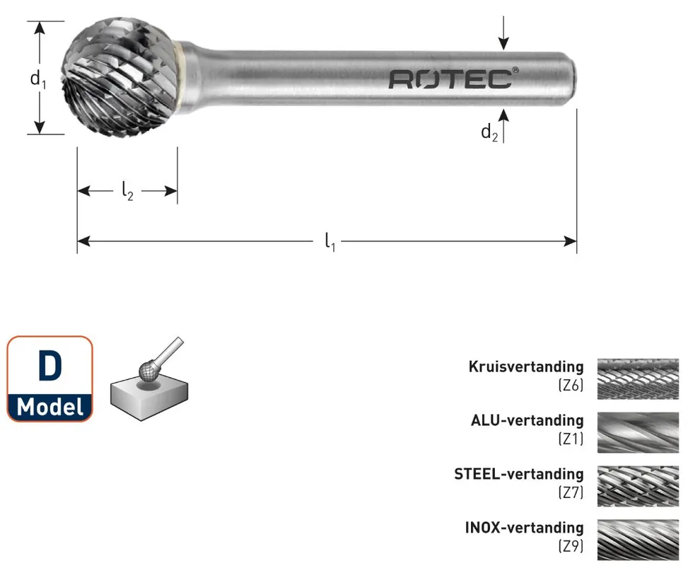 Rotec 433.1002 Fraise en carbure de tungstène 9,6 mm modèle D