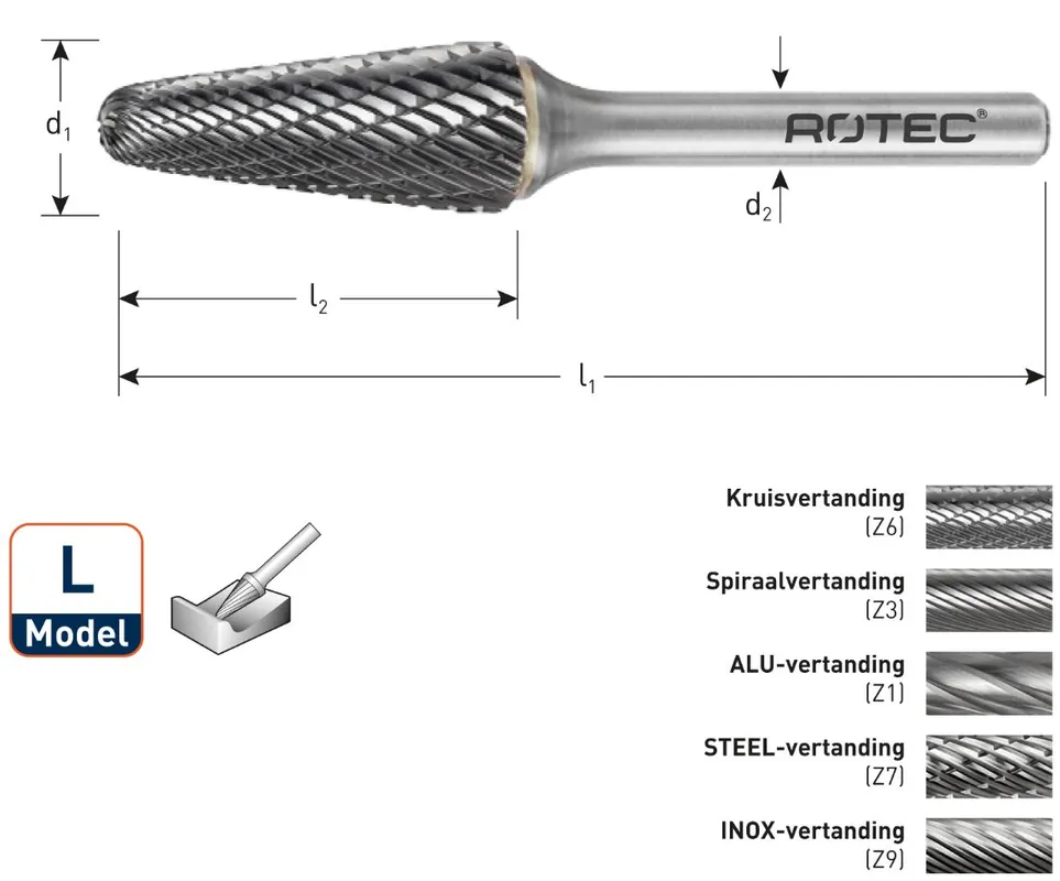 Rotec 439.1005 Fraise en carbure de tungstène 9,6 mm modèle L
