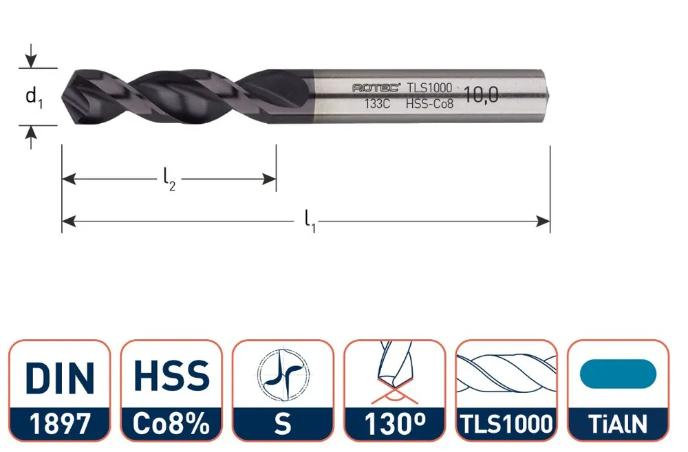 Rotec 133.0100C Foret pour tôle HSS-E, DIN1897, type TLS1000, TiAlN, Ø1,0