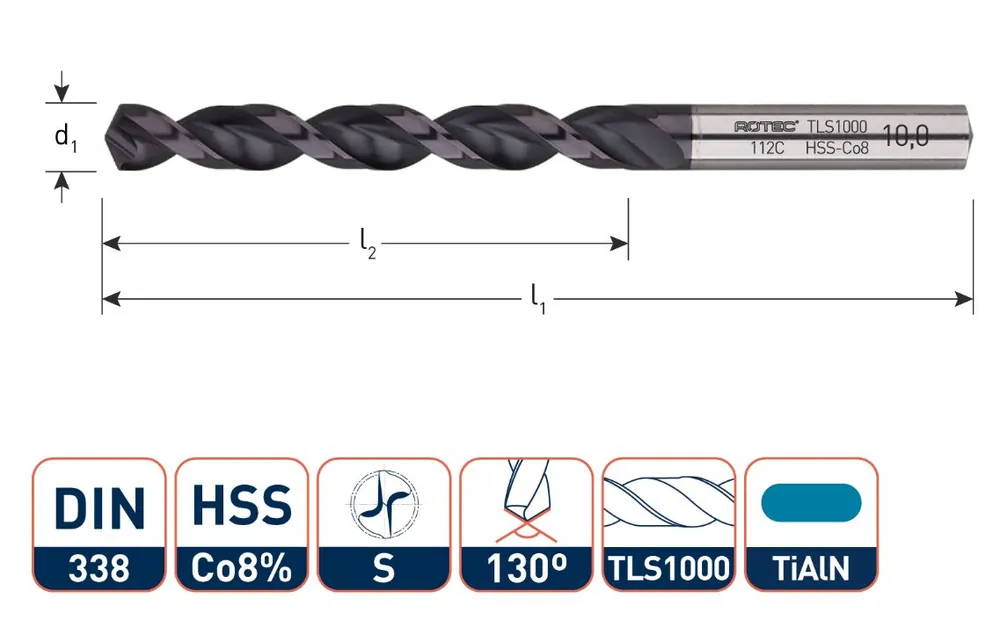 Rotec 112.0250C Foret hélicoïdal HSS-E, DIN338, type TLS1000, TiAlN, Ø2,5