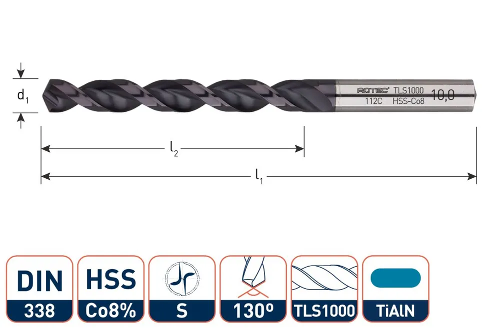 Rotec 112.1550C Foret hélicoïdal HSS-E, DIN338, type TLS1000, TiAlN, Ø15,5