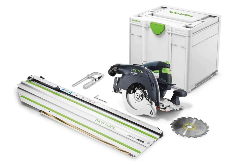 Festool 576172 HKC 55 EB-Basic-FSK420 Accu Pendulum Log Saw 18V + FSK420 Cut-off Rail excl. batteries et chargeur