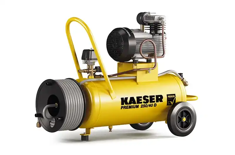 Kaeser 1.1806.00010 Compresseur à piston Premium 250/40D 400 Volt + Enrouleur avec 20 mtr. de tuyau d‘air comprimé