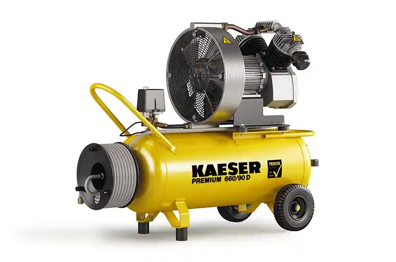 Kaeser 1.1821.10010 Premium 660/90D Compresseur à piston 400 Volt + Enrouleur avec 20 mtr. de tuyau d‘air comprimé