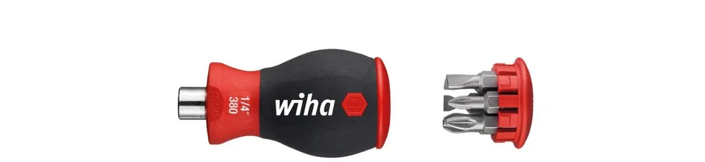 Wiha 10382 Tournevis avec magasin d‘embouts tête fendue magnétique, Pozidriv avec 6 embouts, Stubby, 1/4"