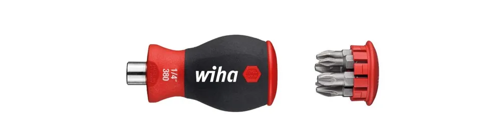Wiha 10379 Tournevis avec magasin d‘embouts magnétiques Phillips, Pozidriv avec 6 embouts, Stubby, 1/4"