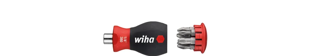 Wiha 33741 Tournevis avec magasin d‘embouts magnétique pozidriv, Phillips avec 6 embouts, Stubby, 1/4" sous blister ()