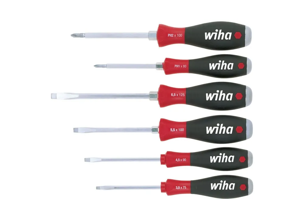 Wiha 21250 Jeu de tournevis SoftFinish tête fendue, Phillips 6 pièces avec tige hexagonale traversante et capuchon en acier massif