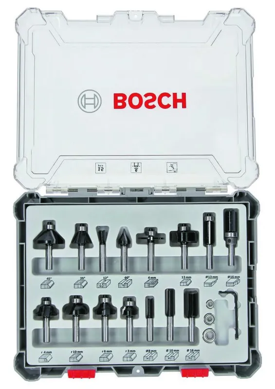 Bosch Bleu Accessoires 2607017471 Jeu de fraises mixtes de 15 pièces avec tige de 6 mm