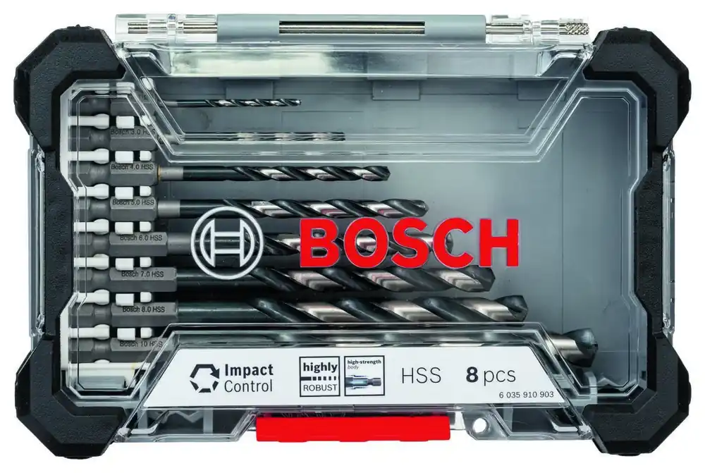 Bosch Bleu Accessoires 2608577146 Jeu de forets métalliques Impact Control HSS 8 pièces 1/4 pouce connexion