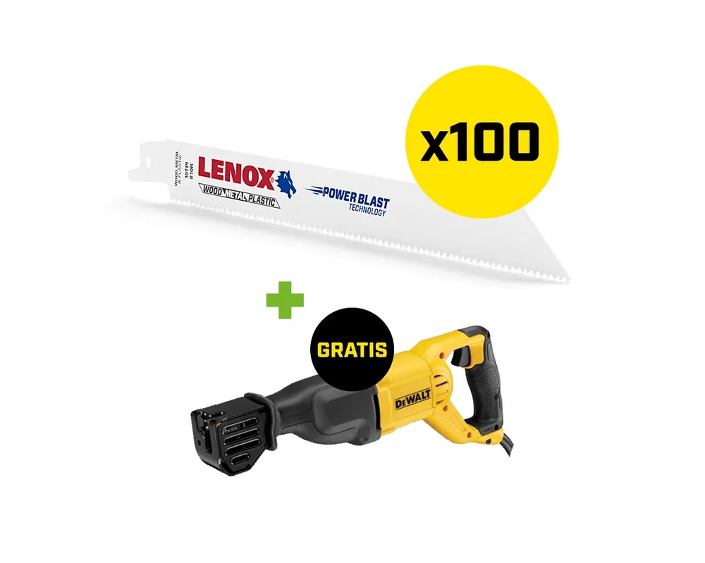Lenox 20590B810RSET 100 x Powerblast Lame de scie alternative bi-métal B810R 203x19x1.3mm 10TPI + machine à scie alternative Dewalt DWE305PK-QS