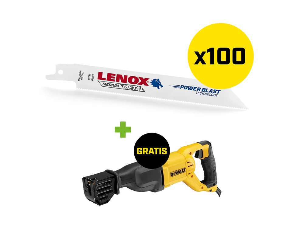 Lenox 20529B618RSET 100 x Lame de scie alternative Powerblast Bi-métal B618R 152x19x0.9mm 18TPI + machine à scie alternative Dewalt DWE305PK-QS