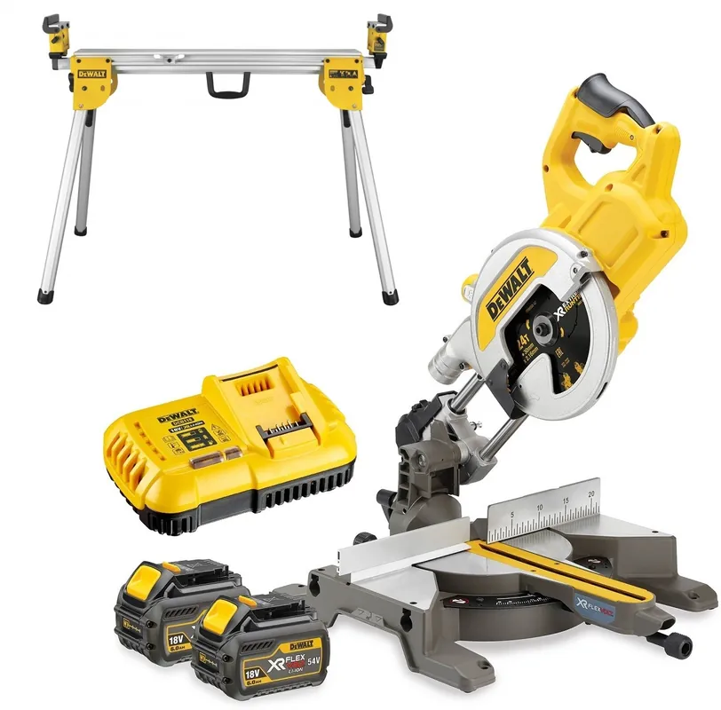 DeWalt DCS777T2-QW-DE7033 DCS777T2-QW XR FlexVolt 54 Volt 6.0Ah Li-Ion Tronçonneuse et scie à onglets 216 mm + support DE7033