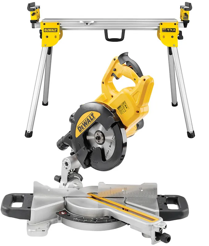 DeWalt DWS773SET Tronçonneuse et scie à onglets télescopique 1300 Watt 216 mm + socle DE7033