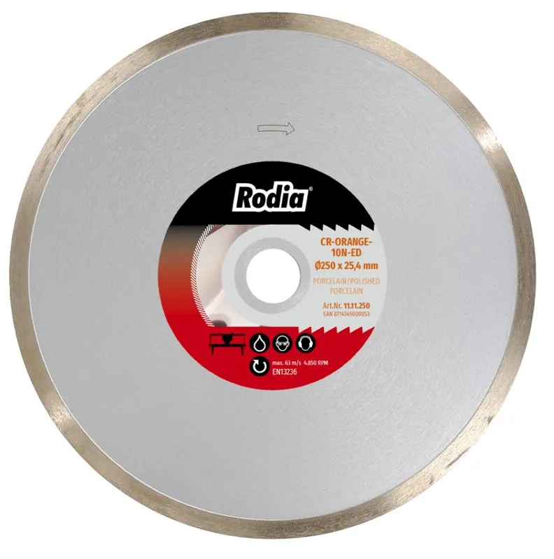Rodia 11.11.250 CR-ORANGE-10N-ED Lame de scie diamantée 250 x 25.4 mm (émaillée) Grès cérame