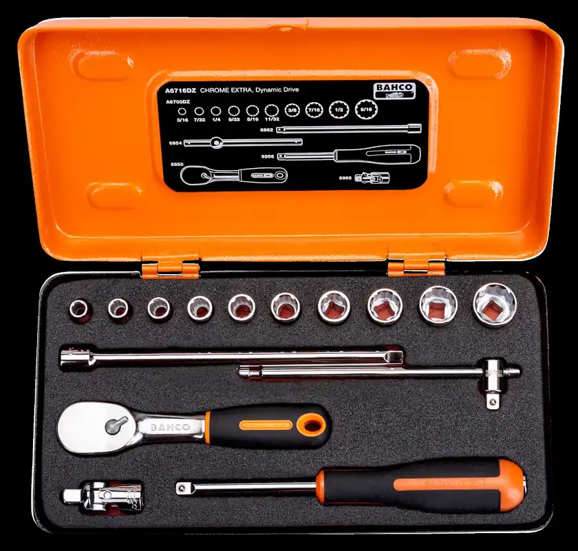 Bahco A6716DZ Jeu de clés à douille 1/4" métrique 15 pièces, boîte métallique