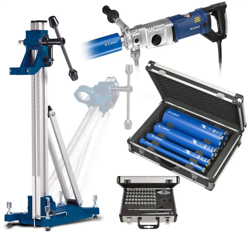Carat AMB2031SET A-2031 Jeu de forets diamantés 2000 Watt 70-162 mm + Mallette + 4 forets dans la mallette + Support S-1803 + Jeu d‘ancrage à percussion M12