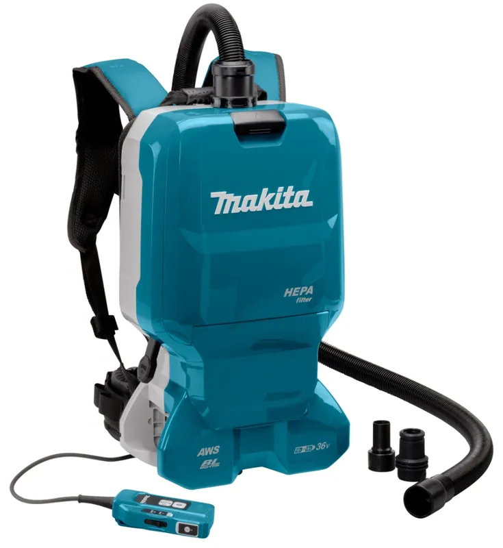 Makita DVC665ZU Aspirateur à dos 2x18V excluant les batteries et le chargeur avec connexion à la machine et 3 adaptateurs, avec émetteur AWS