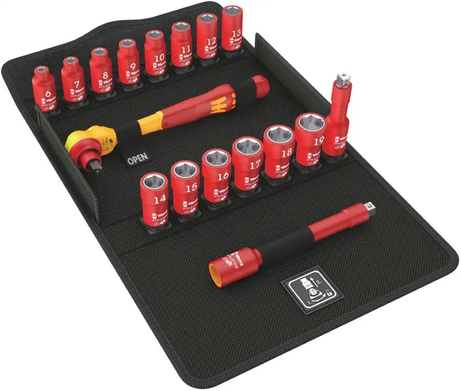 Wera 05004970001 8100 SB VDE 1 Jeu de cliquets Zyklop, isolés, avec levier d‘inversion, entraînement 3/8", métrique, jeu de 17 pièces