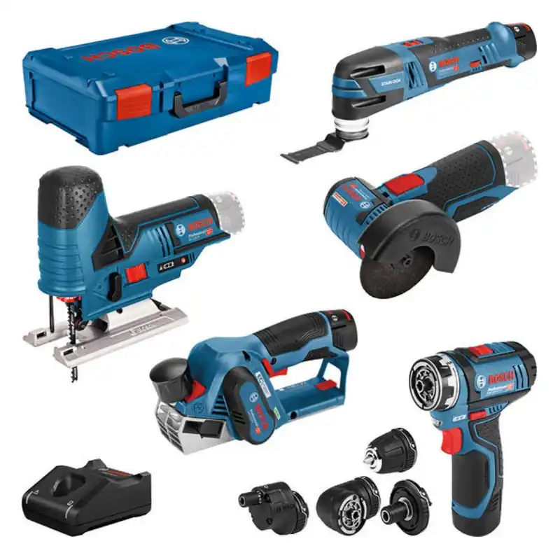 Bosch Bleu 0615A0017D 5 Toolkit 12V - Perceuse sans-fil + Meuleuse d‘angle + Scie sauteuse + Raboteuse + Multitool 12V 2 x 2.0Ah/1 x 3.0Ah in XL-Boxx