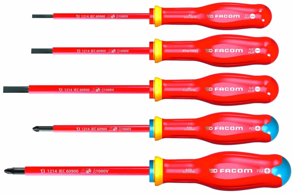 Facom ATD.J5TVEPB Jeu de 5 tournevis isolés slim 1000 volts pour vis à fente et Pozidriv