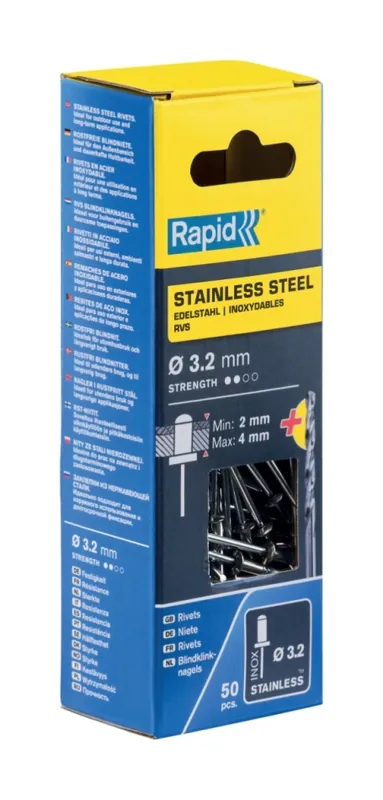 Rapid 5000393 Rivets aveugles en acier inoxydable Ø3.2 x 8 mm 50 pièces