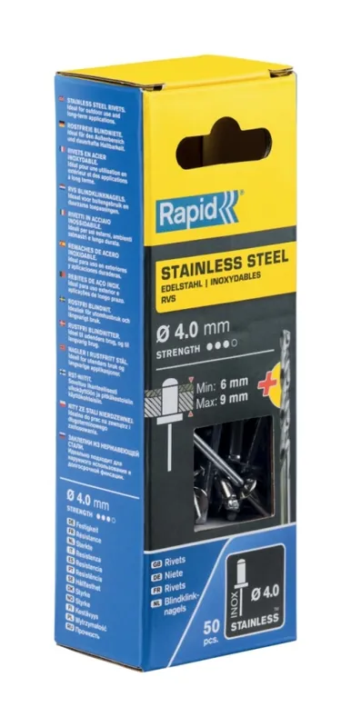 Rapid 5000394 Rivets aveugles en acier inoxydable Ø4.0 x 12 mm 50 pièces